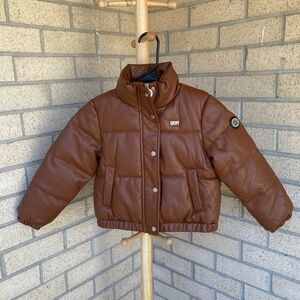 DKNY Girls Faux Leather Brown Puffer Jacket Zip Up Coat